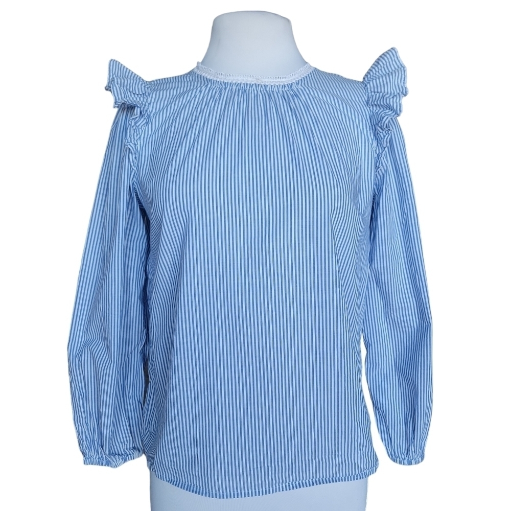 J.Crew Blue & White Stripe Ruffle Shoulder Cap Sleeve Blouse Women's Size XS